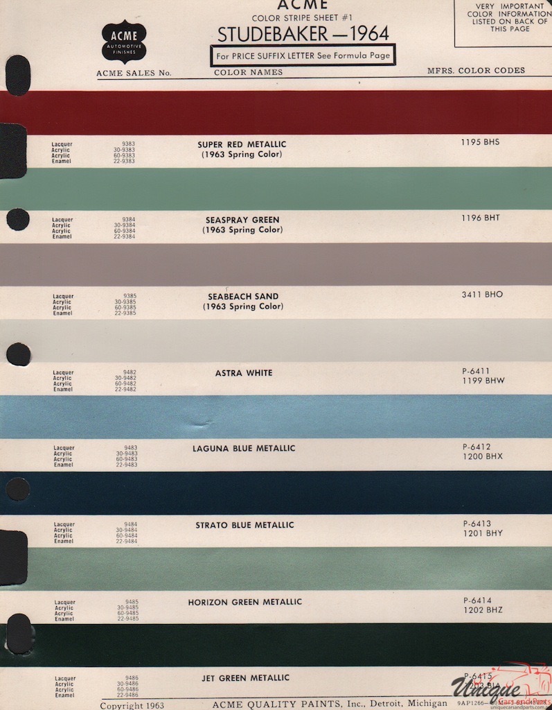 1964 Studebaker Paint Charts Acme 1